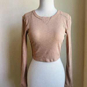 Bozzolo Ribbed Long-Sleeve Crop Top - Beige